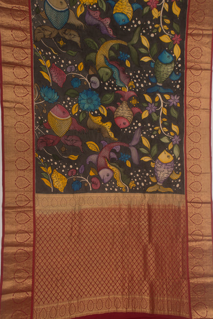 Kanchipuram Silk Handpainted Kalamkari Black Saree