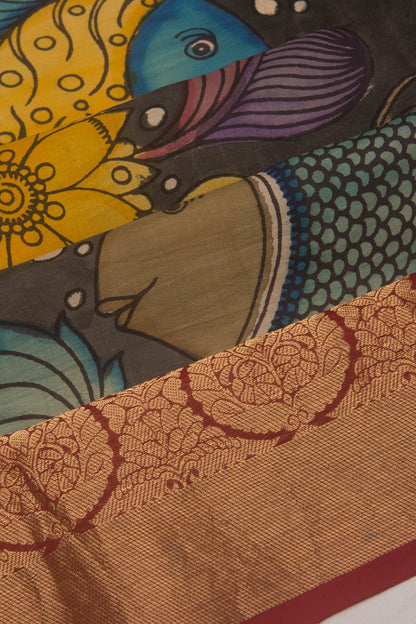 Kanchipuram Silk Handpainted Kalamkari Black Saree