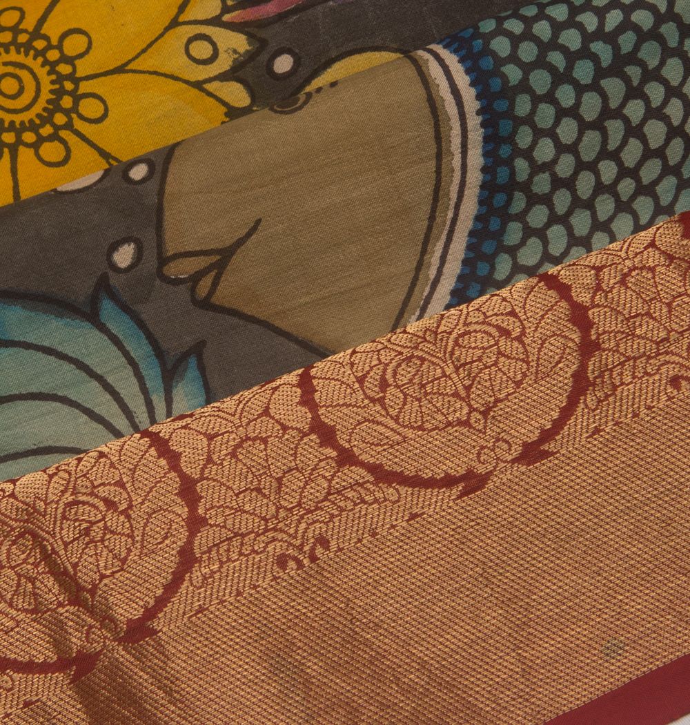 Kanchipuram Silk Handpainted Kalamkari Black Saree