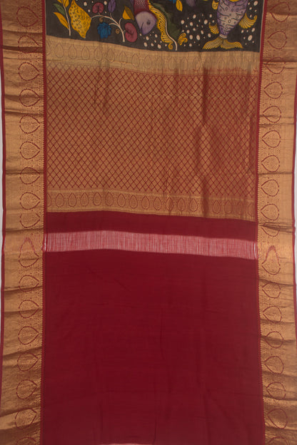 Kanchipuram Silk Handpainted Kalamkari Black Saree