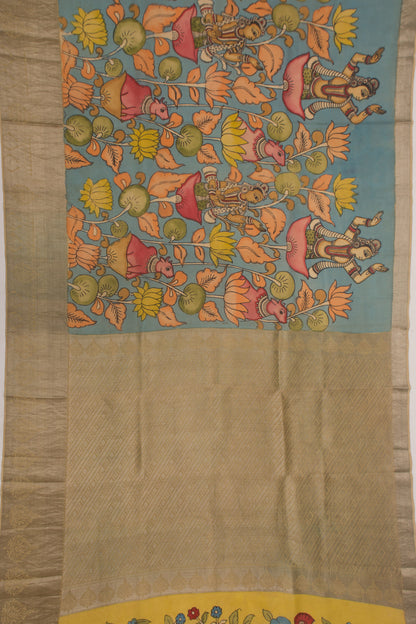 Kanchipuram Silk Handpainted Kalamkari Sky Blue Saree