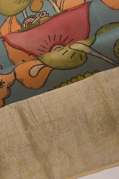 Kanchipuram Silk Handpainted Kalamkari Sky Blue Saree
