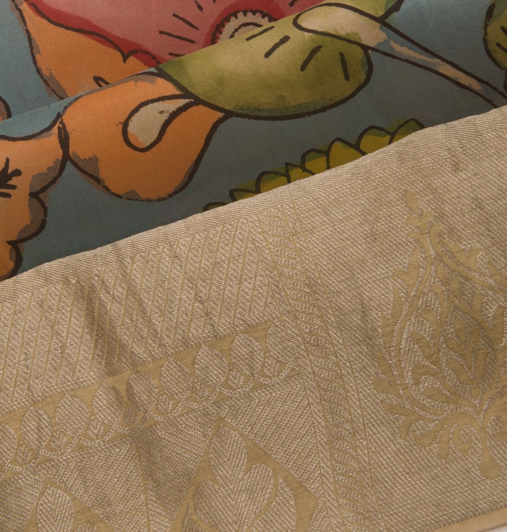 Kanchipuram Silk Handpainted Kalamkari Sky Blue Saree