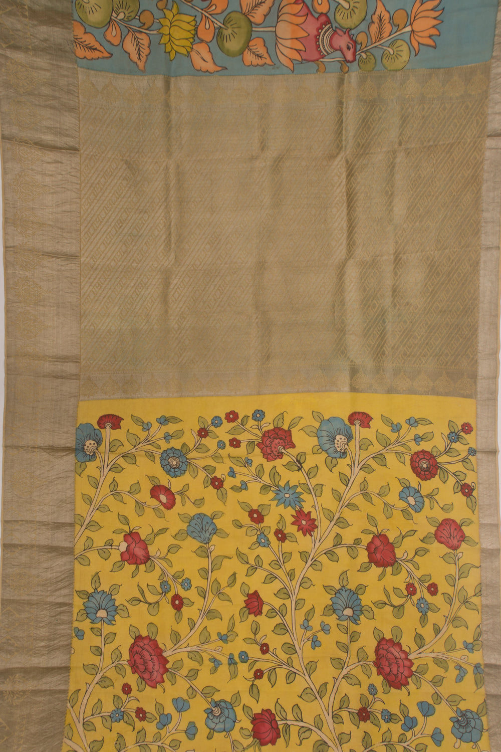 Kanchipuram Silk Handpainted Kalamkari Sky Blue Saree