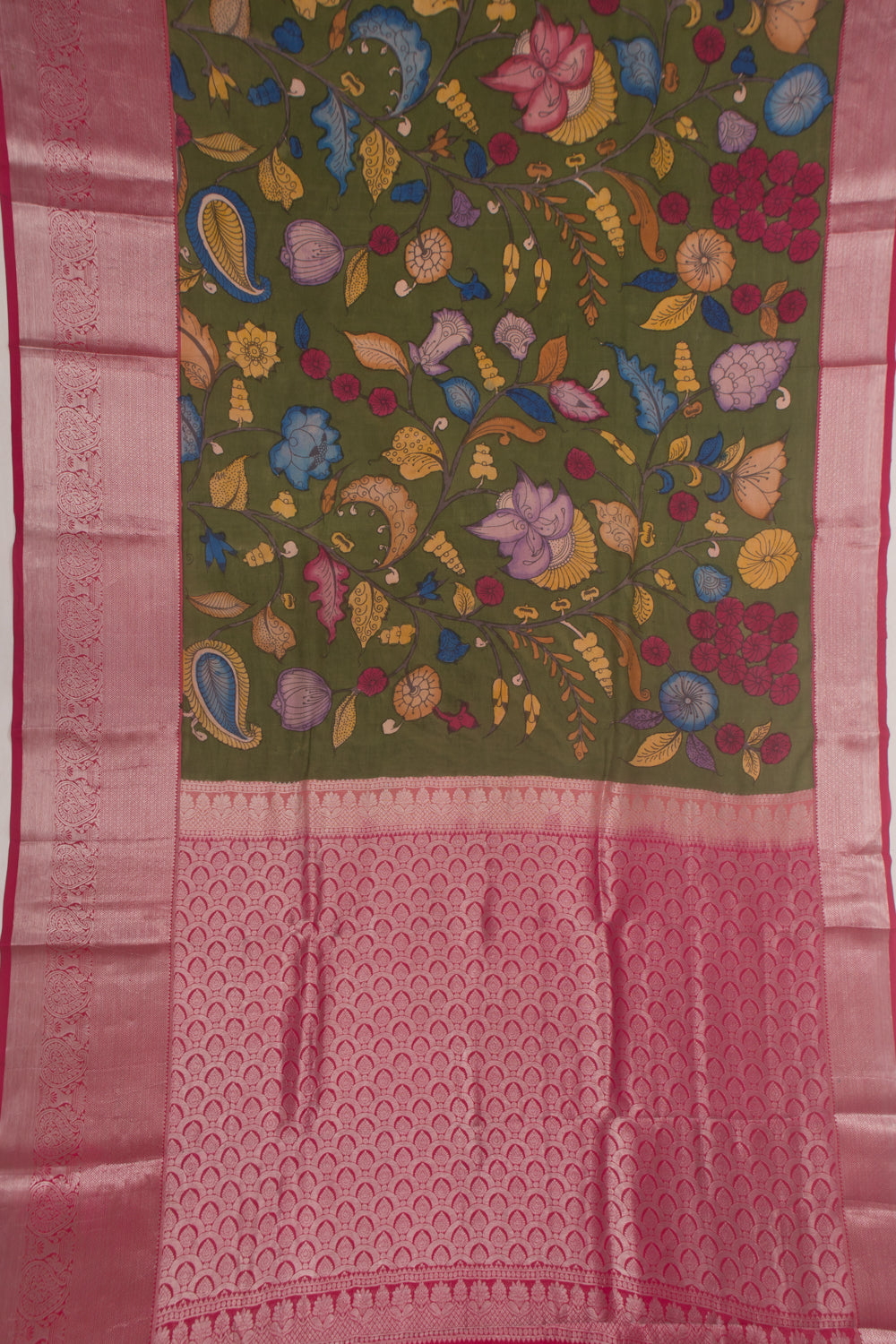 Kanchipuram Silk Handpainted Kalamkari Green Saree