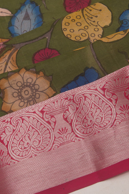Kanchipuram Silk Handpainted Kalamkari Green Saree