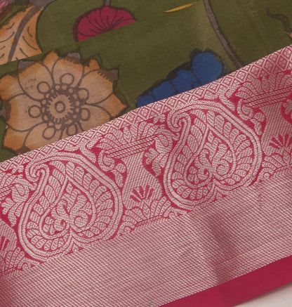 Kanchipuram Silk Handpainted Kalamkari Green Saree