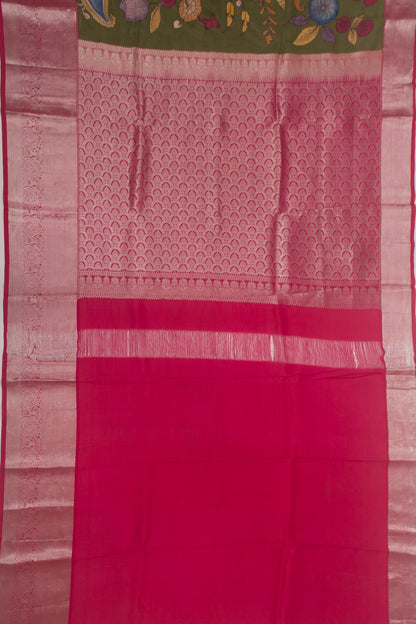 Kanchipuram Silk Handpainted Kalamkari Green Saree