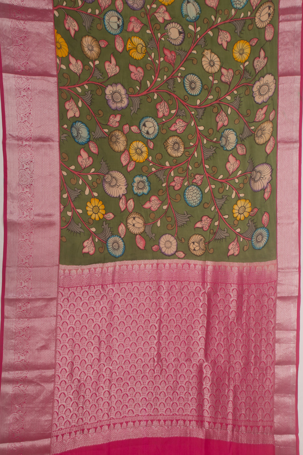 Kanchipuram Silk Handpainted Kalamkari Green Saree