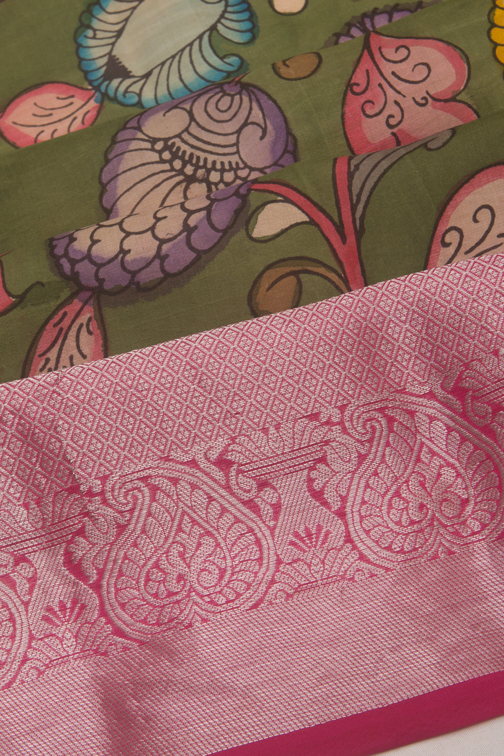 Kanchipuram Silk Handpainted Kalamkari Green Saree