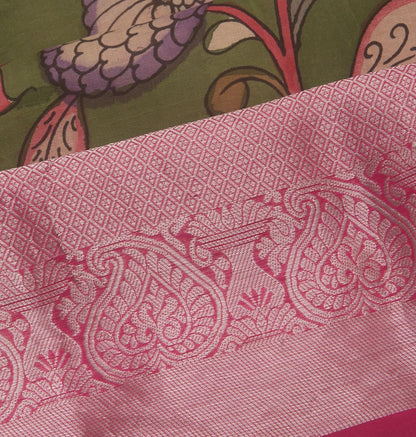 Kanchipuram Silk Handpainted Kalamkari Green Saree