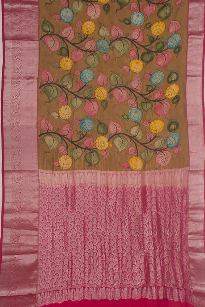 Kanchipuram Silk Handpainted Kalamkari Brown Saree