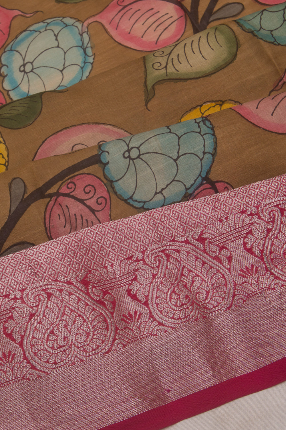 Kanchipuram Silk Handpainted Kalamkari Brown Saree