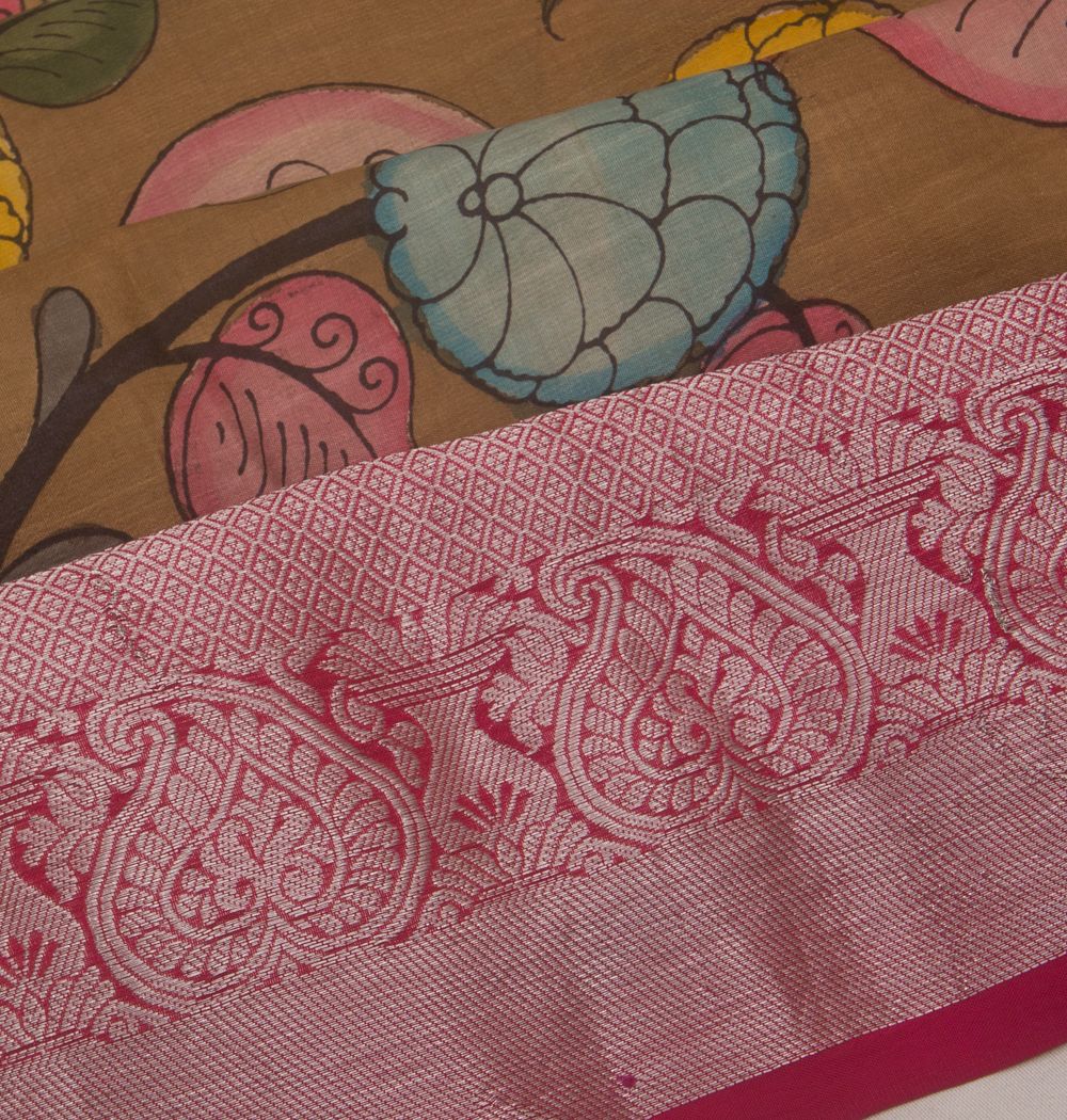 Kanchipuram Silk Handpainted Kalamkari Brown Saree