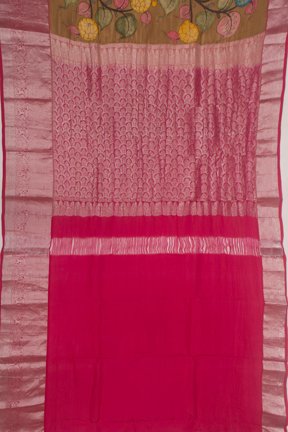 Kanchipuram Silk Handpainted Kalamkari Brown Saree