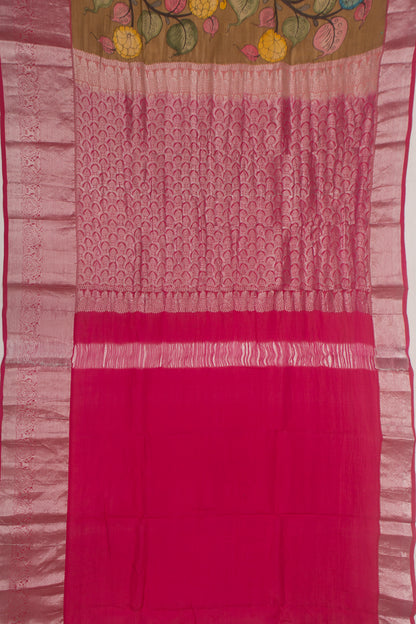 Kanchipuram Silk Handpainted Kalamkari Brown Saree