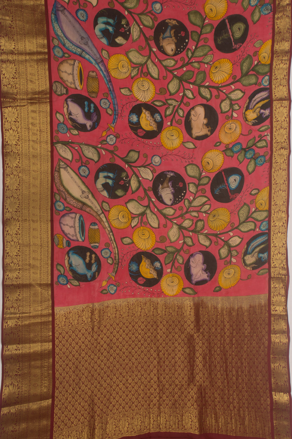 Kanchipuram Silk Handpainted Kalamkari Jaal Pink Saree