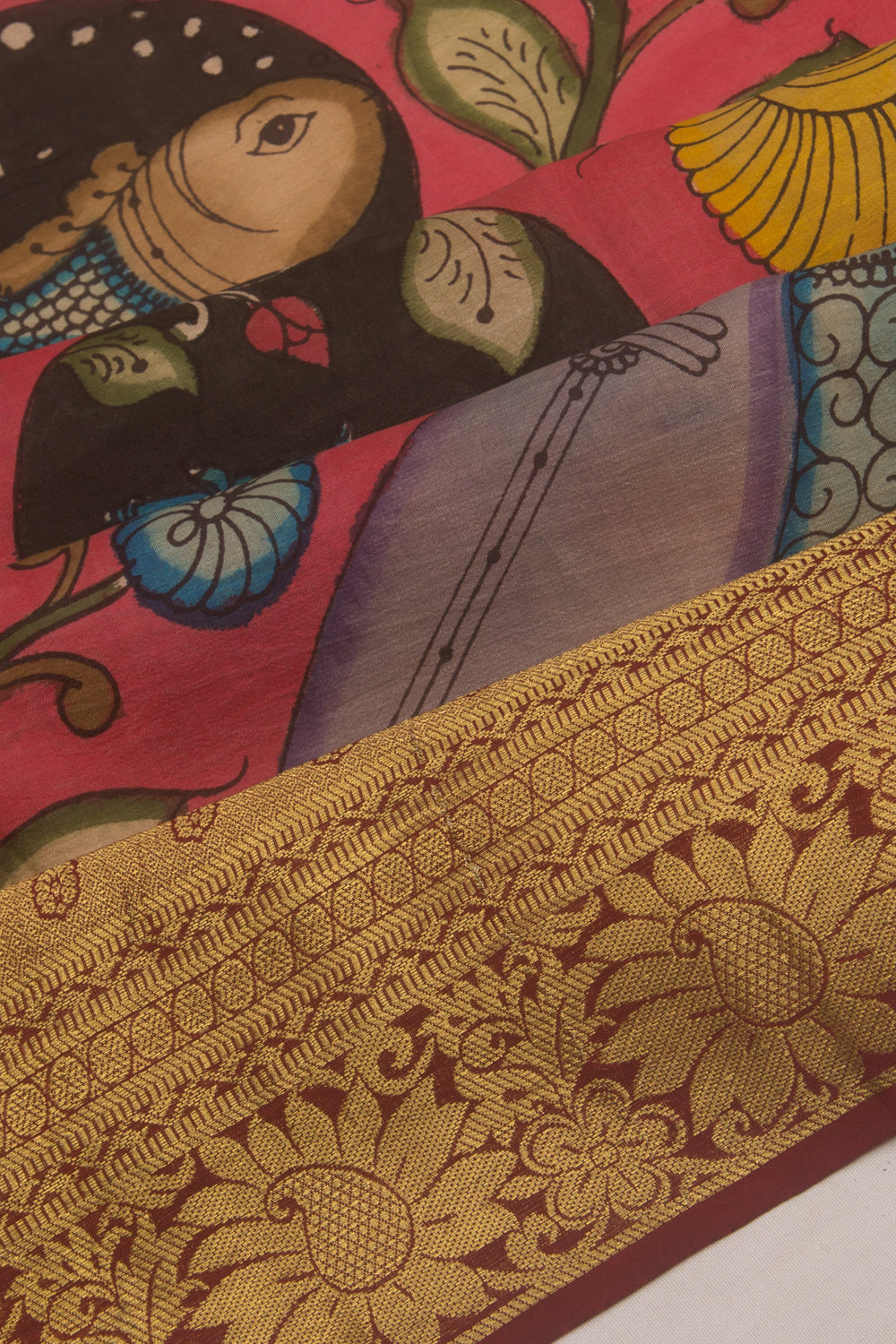 Kanchipuram Silk Handpainted Kalamkari Jaal Pink Saree