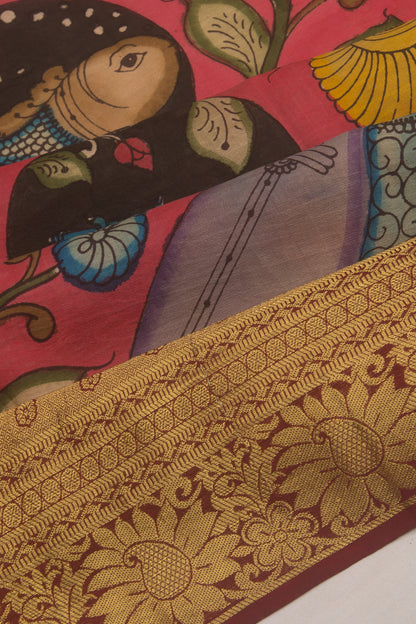 Kanchipuram Silk Handpainted Kalamkari Jaal Pink Saree