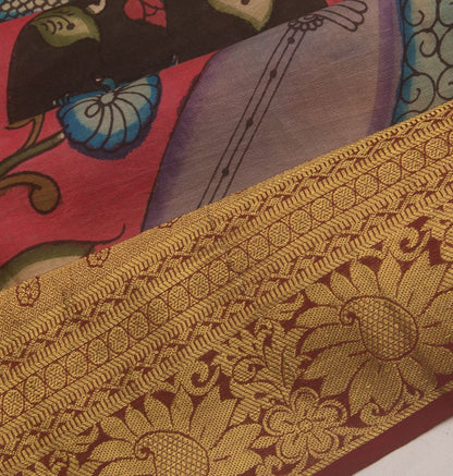 Kanchipuram Silk Handpainted Kalamkari Jaal Pink Saree