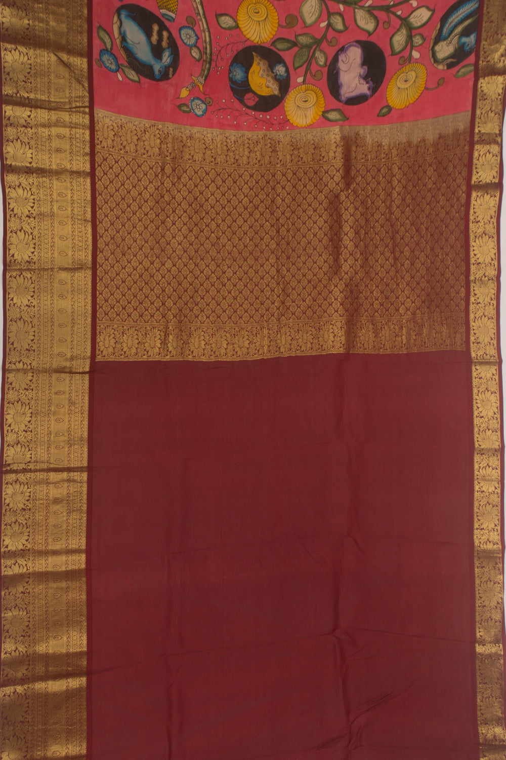 Kanchipuram Silk Handpainted Kalamkari Jaal Pink Saree