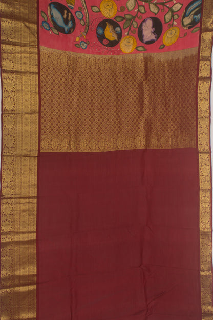 Kanchipuram Silk Handpainted Kalamkari Jaal Pink Saree
