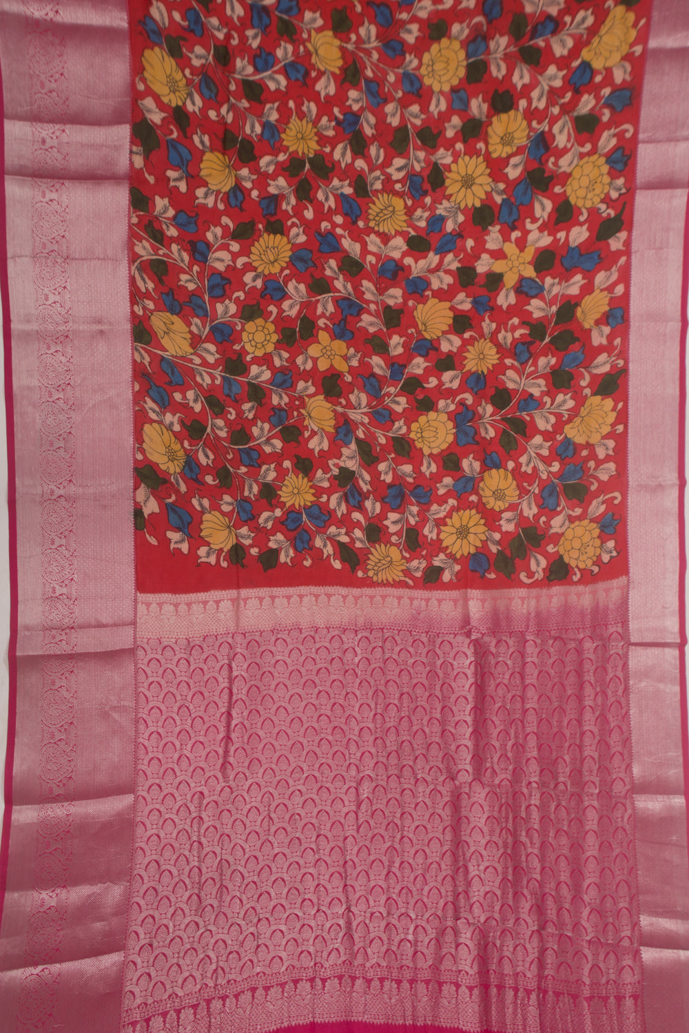 Kanchipuram Silk Handpainted Kalamkari Pink Saree