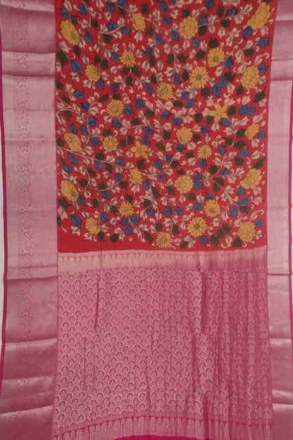 Kanchipuram Silk Handpainted Kalamkari Pink Saree