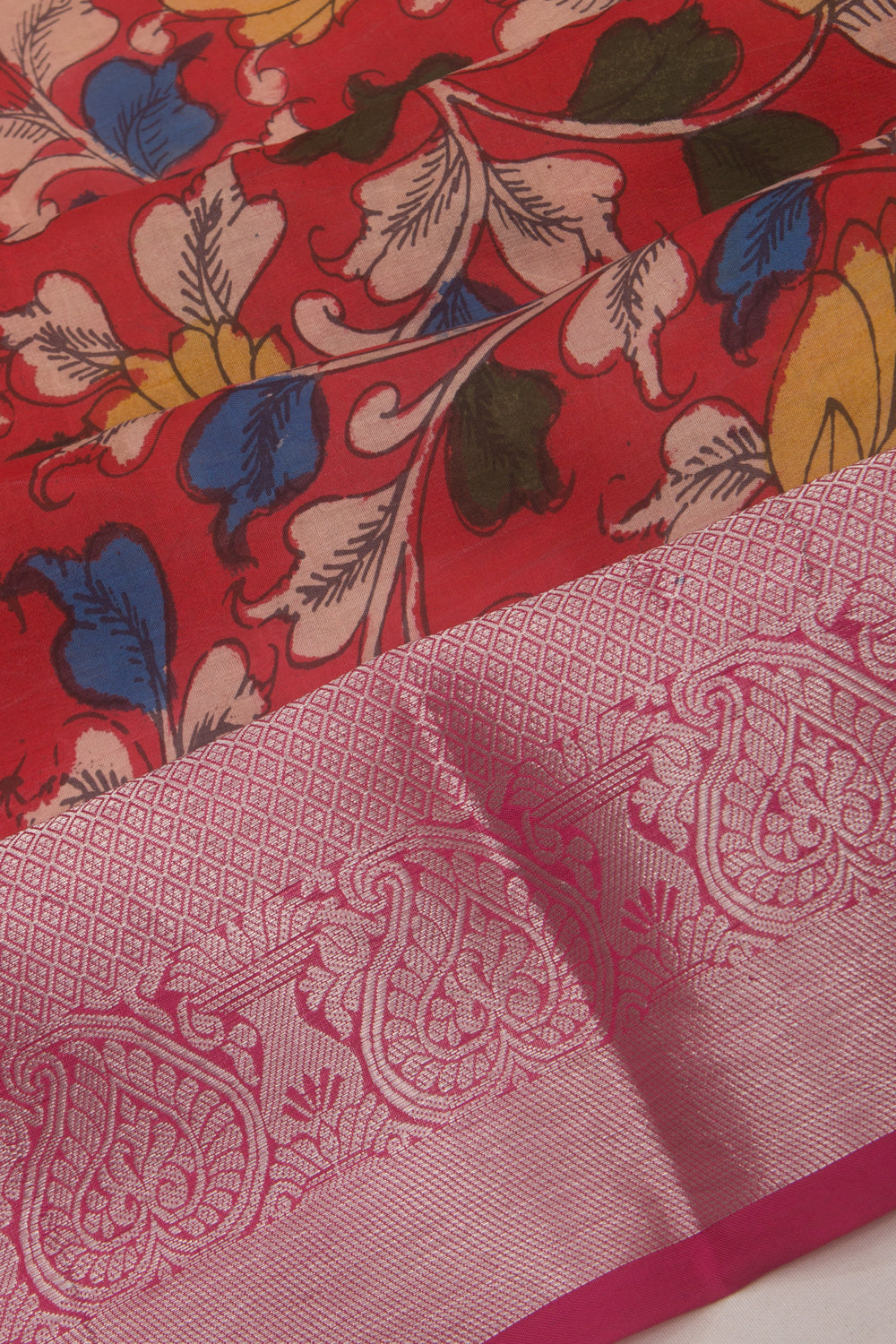 Kanchipuram Silk Handpainted Kalamkari Pink Saree