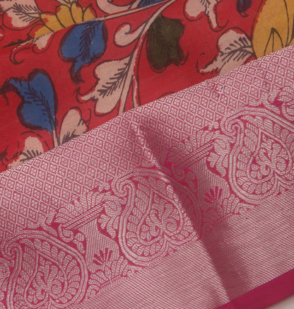 Kanchipuram Silk Handpainted Kalamkari Pink Saree