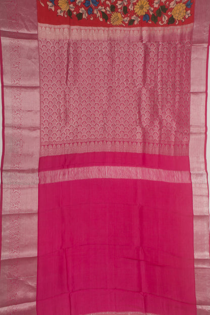 Kanchipuram Silk Handpainted Kalamkari Pink Saree