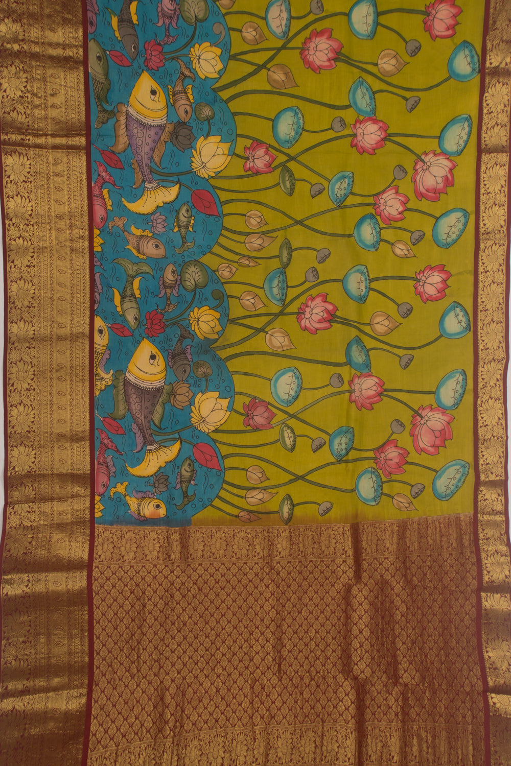 Kanchipuram Silk Handpainted Kalamkari Green Saree