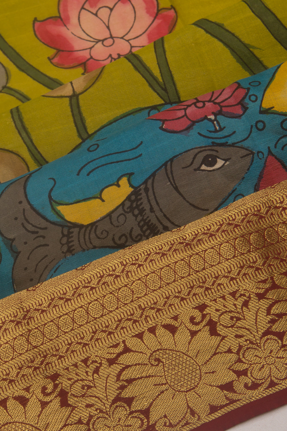 Kanchipuram Silk Handpainted Kalamkari Green Saree