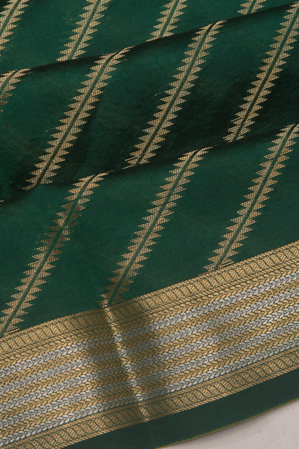 Poona Silk Diagonal Lines Bottle Green Saree