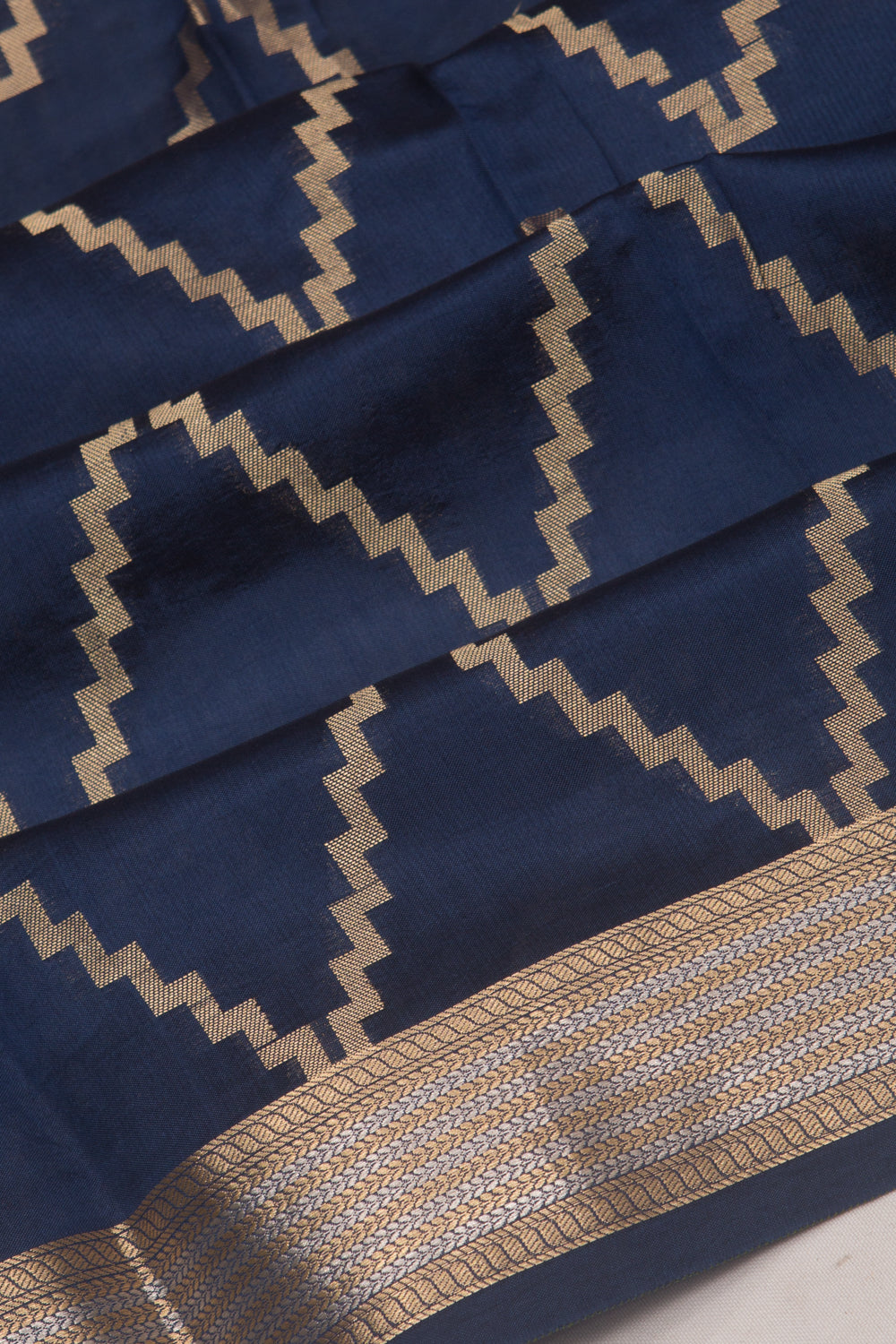 Poona Silk Zig Zag Lines Dark Blue Saree