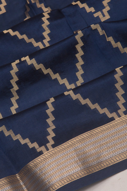 Poona Silk Zig Zag Lines Dark Blue Saree
