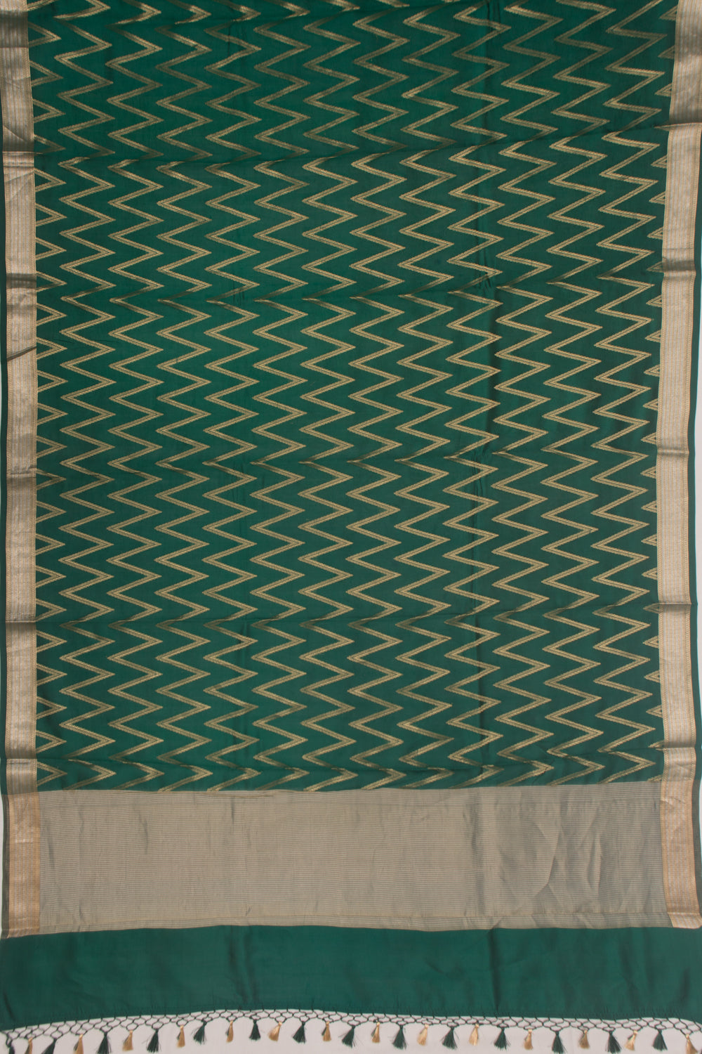 Poona Silk Zig Zag Lines Bottle Green Saree