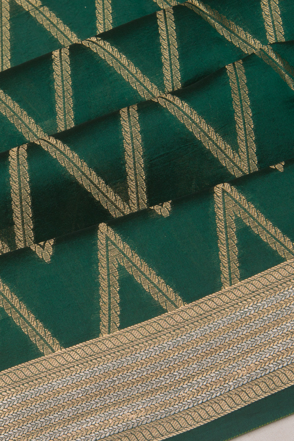 Poona Silk Zig Zag Lines Bottle Green Saree
