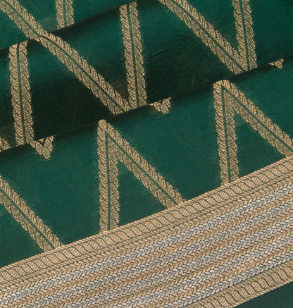 Poona Silk Zig Zag Lines Bottle Green Saree
