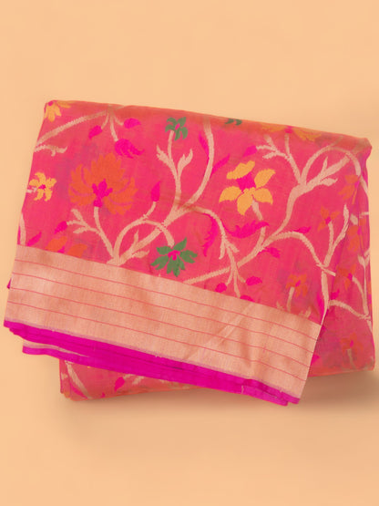 Banarasi Silk Jaal Dual Tone Pink And Orange Saree