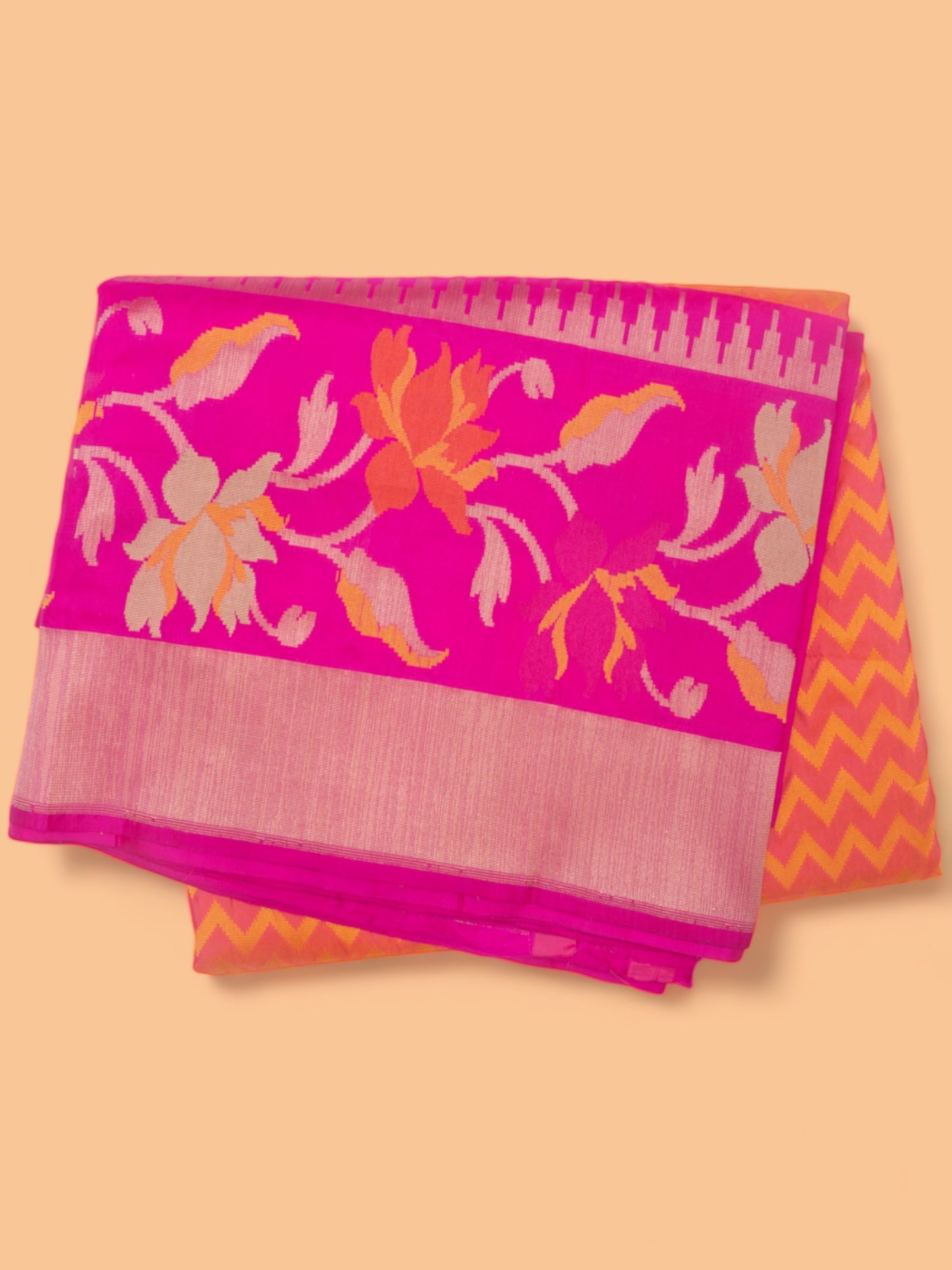 Banarasi Silk Zig Zag Lines Dual Tone Pink And Orange Saree