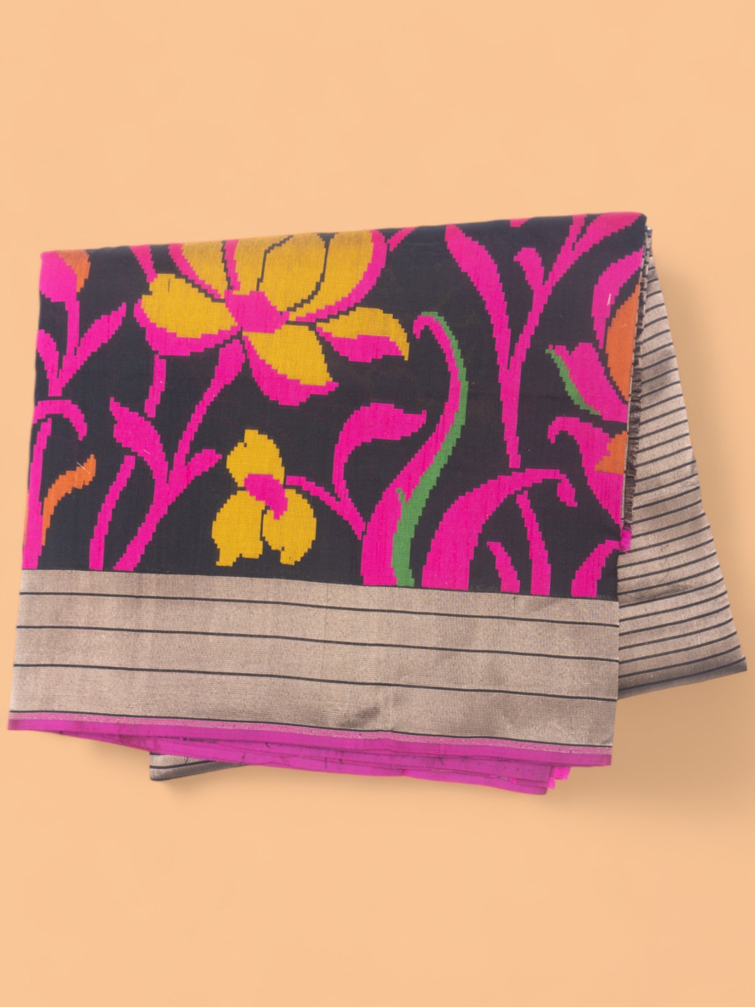 Banarasi Silk Half and Half Lines And Brocade Black Saree