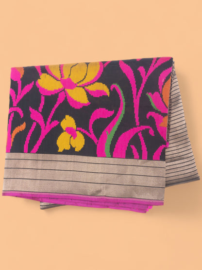 Banarasi Silk Half and Half Lines And Brocade Black Saree