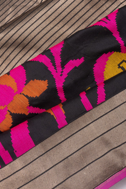 Banarasi Silk Half and Half Lines And Brocade Black Saree