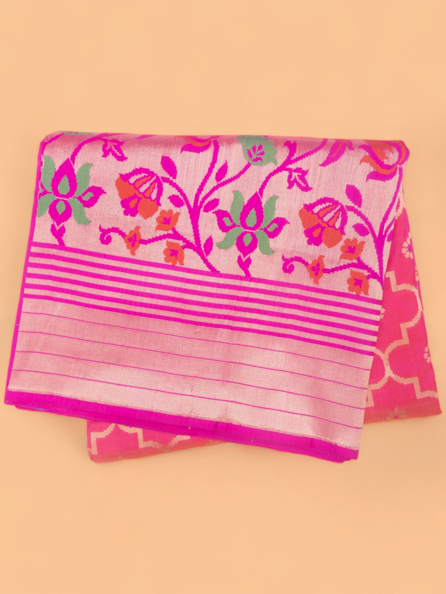 Banarasi Silk Brocade Dual Tone Pink And Orange Saree