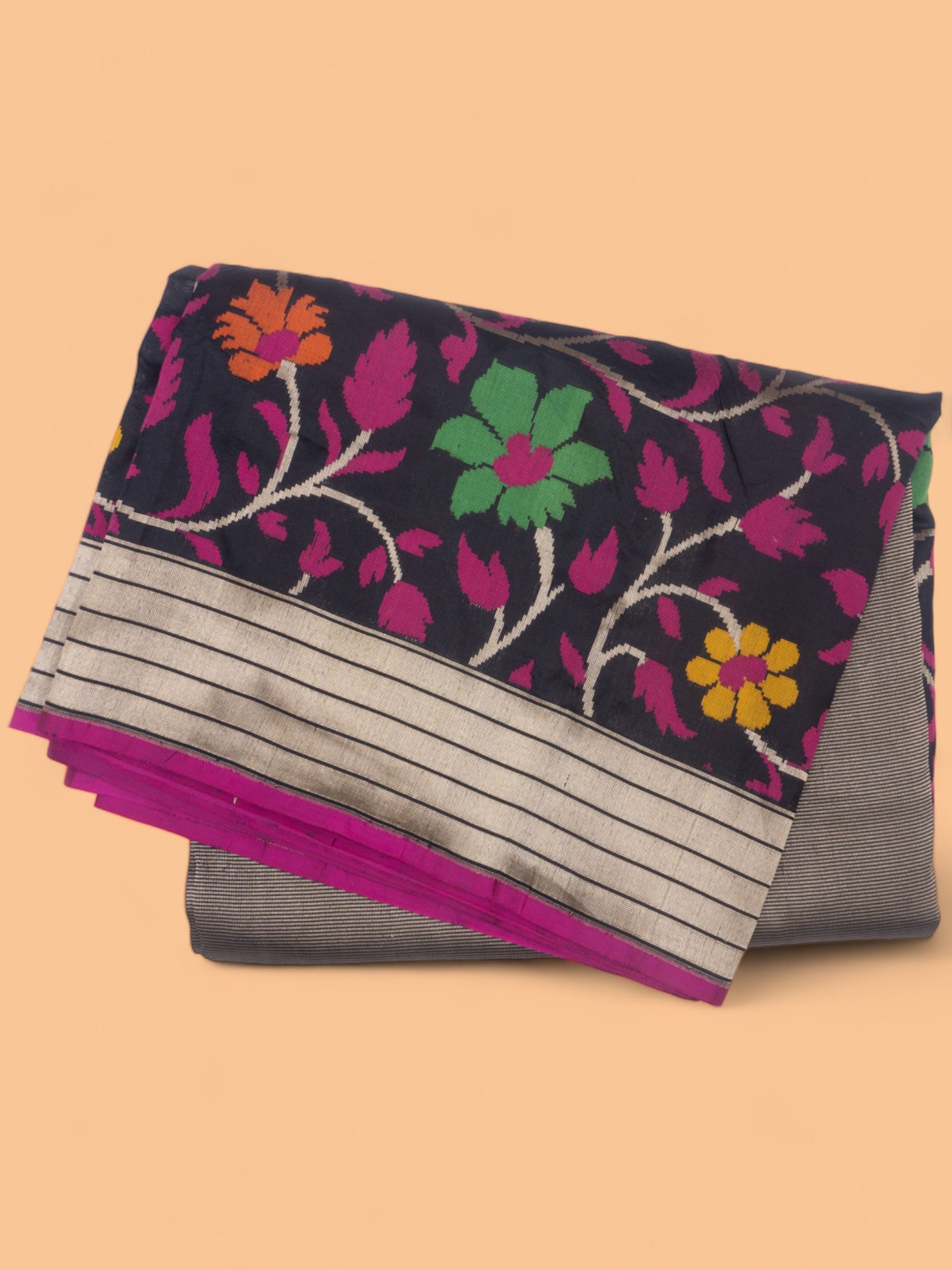 Banarasi Silk Half And Half Lines And Brocade Black Saree