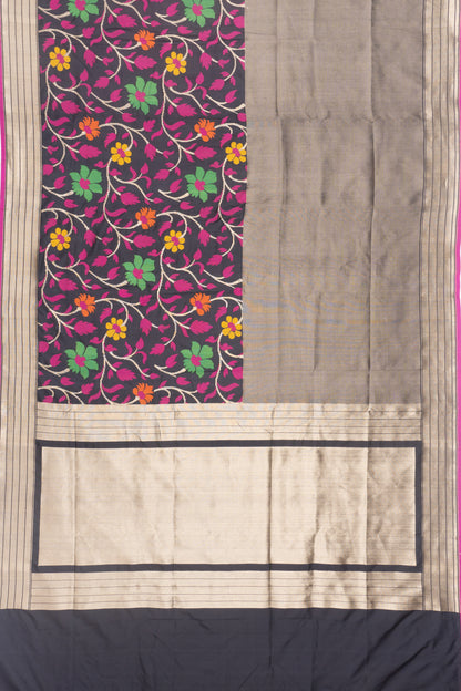 Banarasi Silk Half And Half Lines And Brocade Black Saree