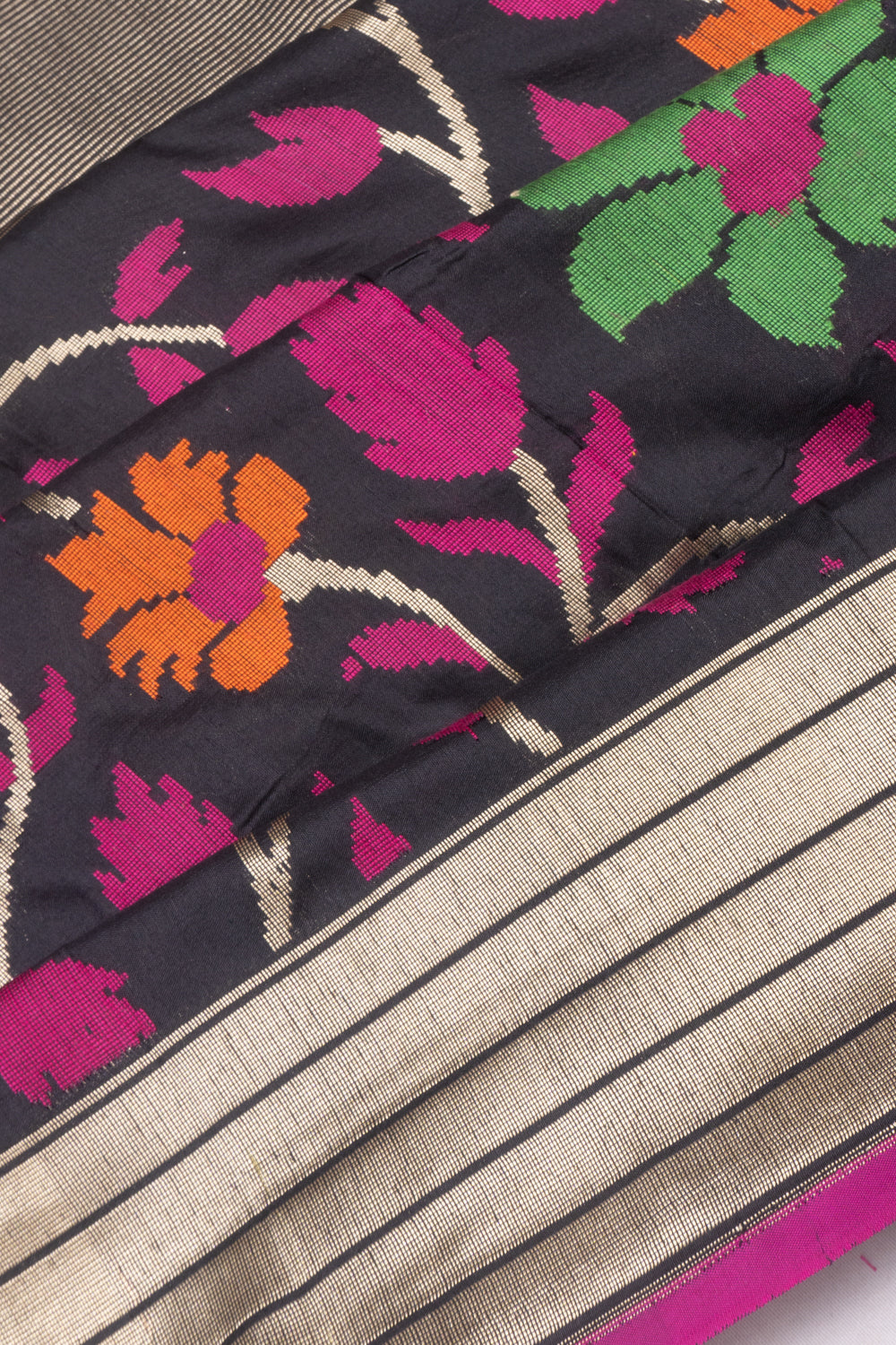 Banarasi Silk Half And Half Lines And Brocade Black Saree