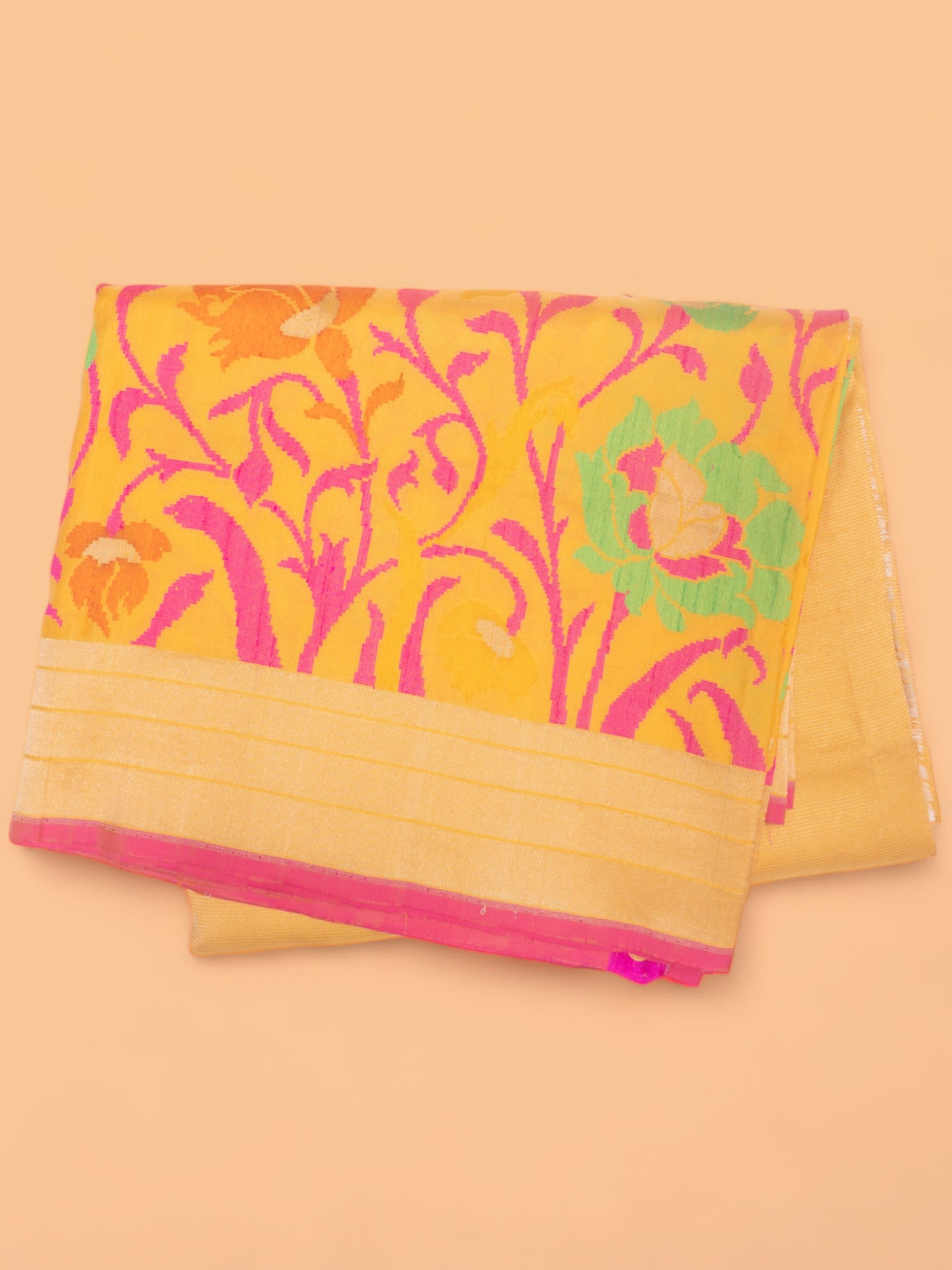 Banarasi Silk Horizontal Lines Yellow Saree