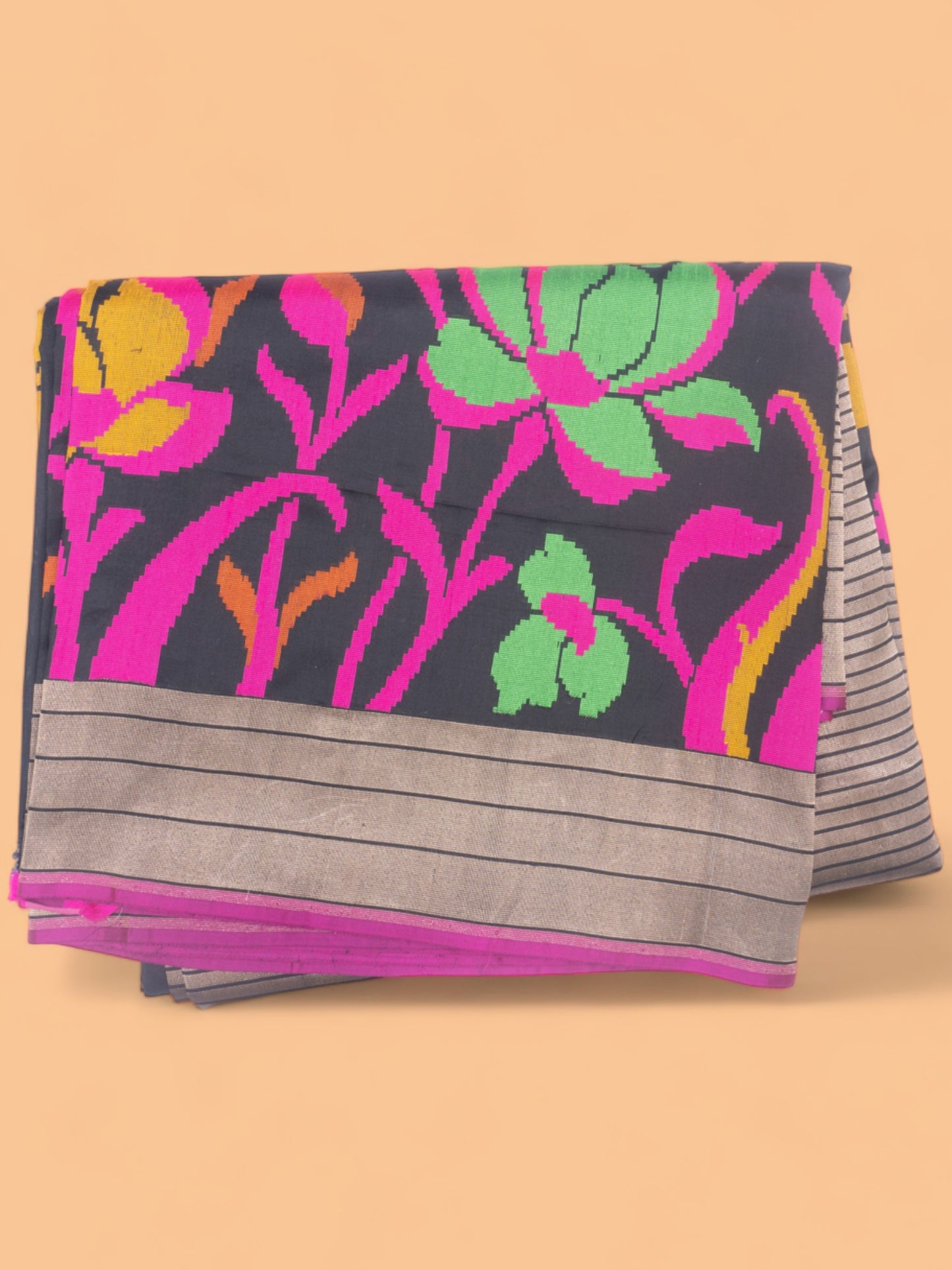 Banarasi Silk Half And Half Lines And Brocade Black Saree